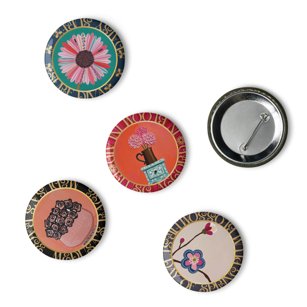 Set of colorful pin buttons with floral and abstract designs from the Five-piece floral medallion art pin set including daisy hydrangea plum blossom rose bouquet and potted succulent pinback buttons by Szeto on a white background
