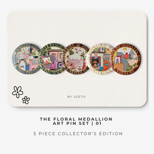 ♣︎ ART PIN set | The “Cosy Corner” #01 Collection of 5 art pin buttons