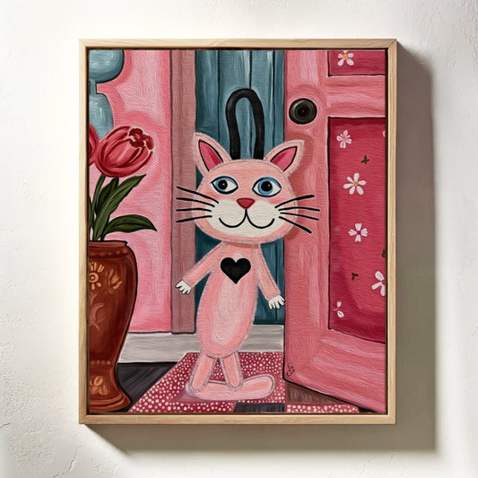 Framed artwork of a pink cat with a black heart on a white wall