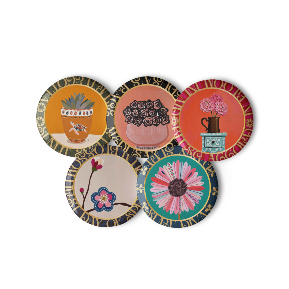 Set of five decorative art pins with floral and plant designs from the Five-piece floral medallion art pin set including daisy hydrangea plum blossom rose bouquet and potted succulent pinback buttons by Szeto 