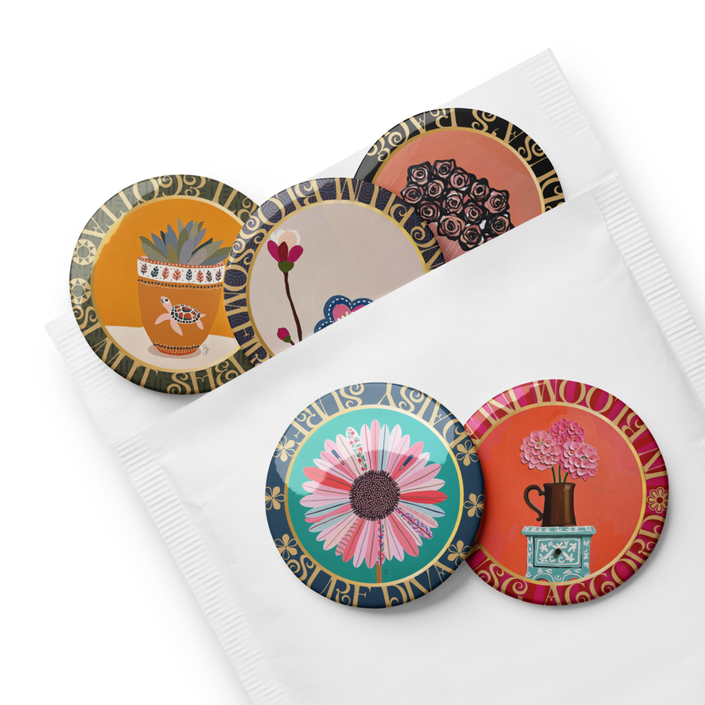 Set of colorful coasters with floral and nature-themed designs on a white background. pins from the Five-piece floral medallion art pin set including daisy hydrangea plum blossom rose bouquet and potted succulent pinback buttons by Szeto 