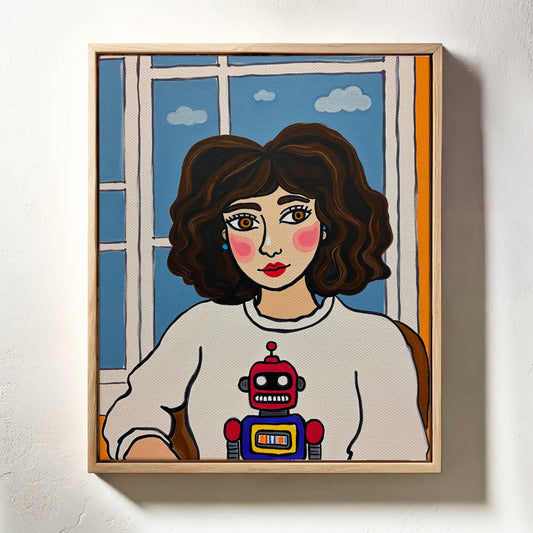 Framed illustration of a person wearing a sweater with a robot design, sitting in front of a window.
