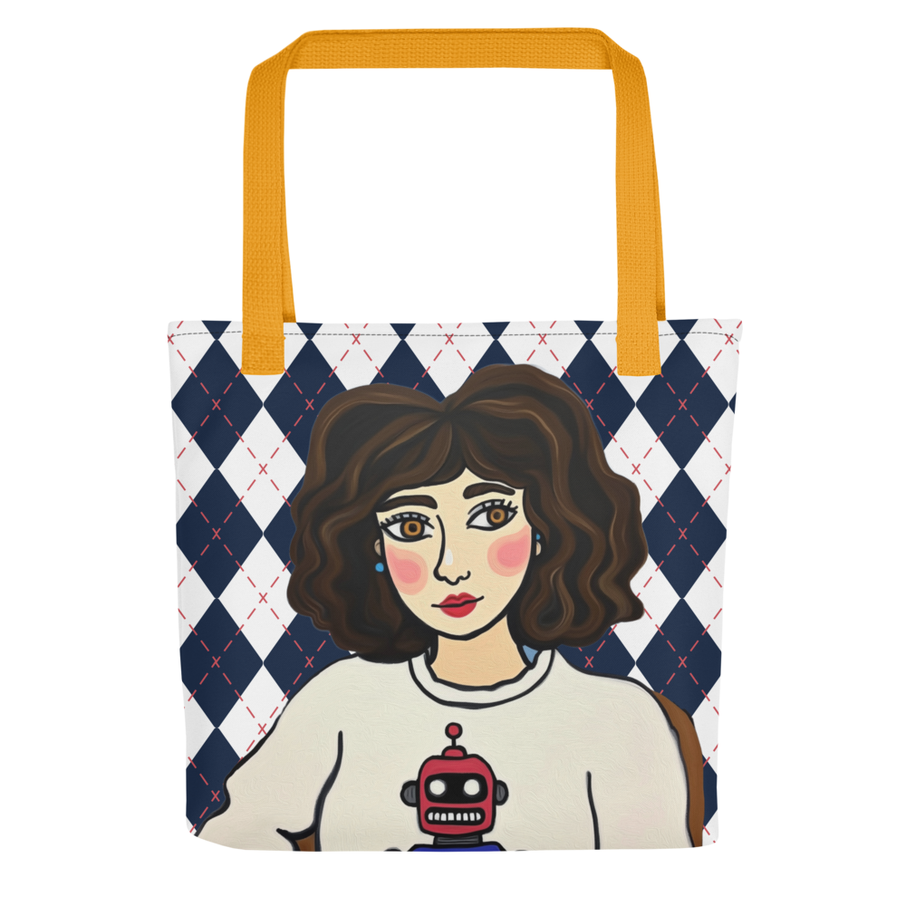 Tote bag with a graphic of a woman with a robot design on her shirt against a blue and white argyle checkered background.