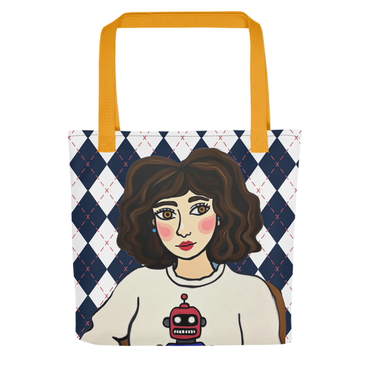 Tote bag with a graphic of a woman with a robot design on her shirt against a blue and white argyle checkered background.