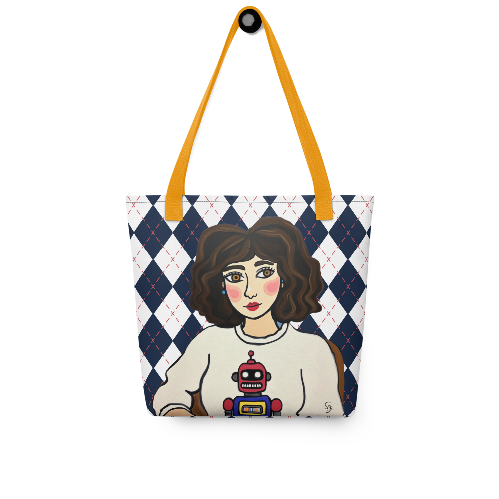 Tote bag with a checkered argyle pattern and illustration of a person wearing a shirt with a robot design. bright yellow strap.