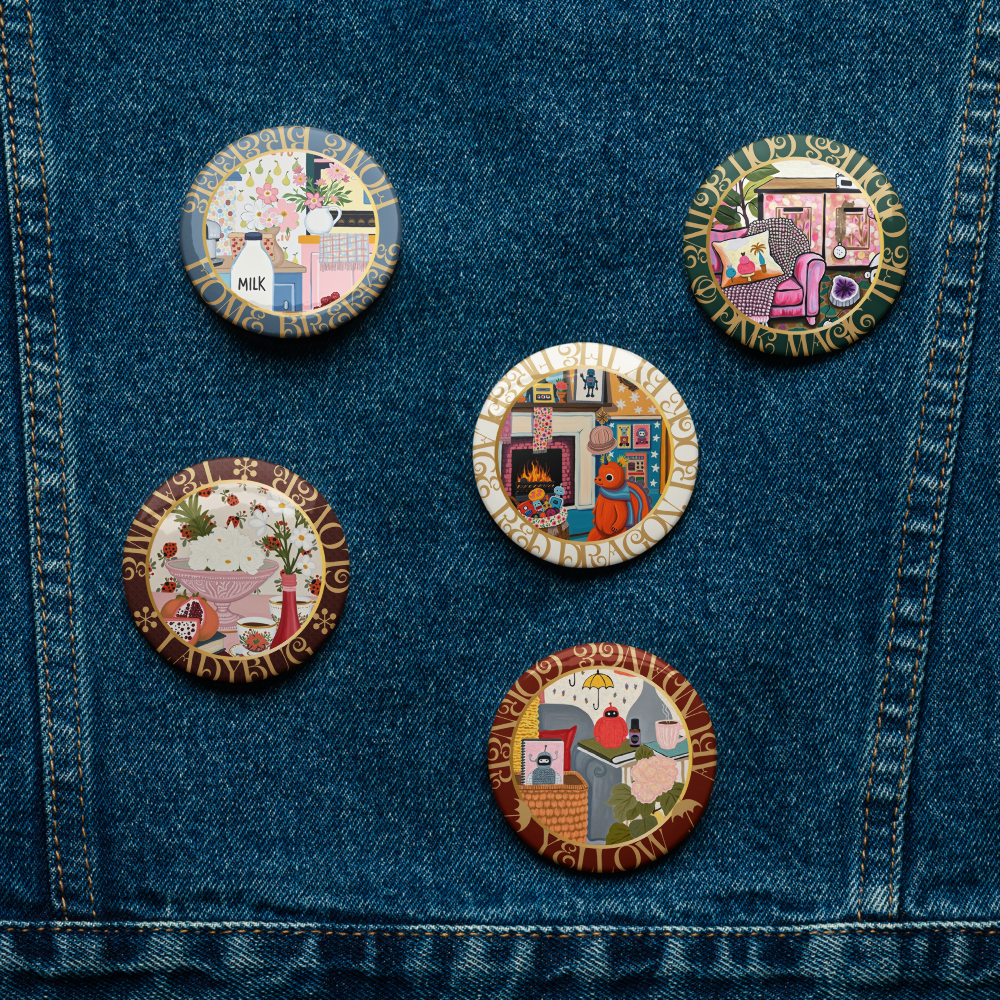 ♣︎ ART PIN set | The “Cosy Corner” #01 Collection of 5 art pin buttons