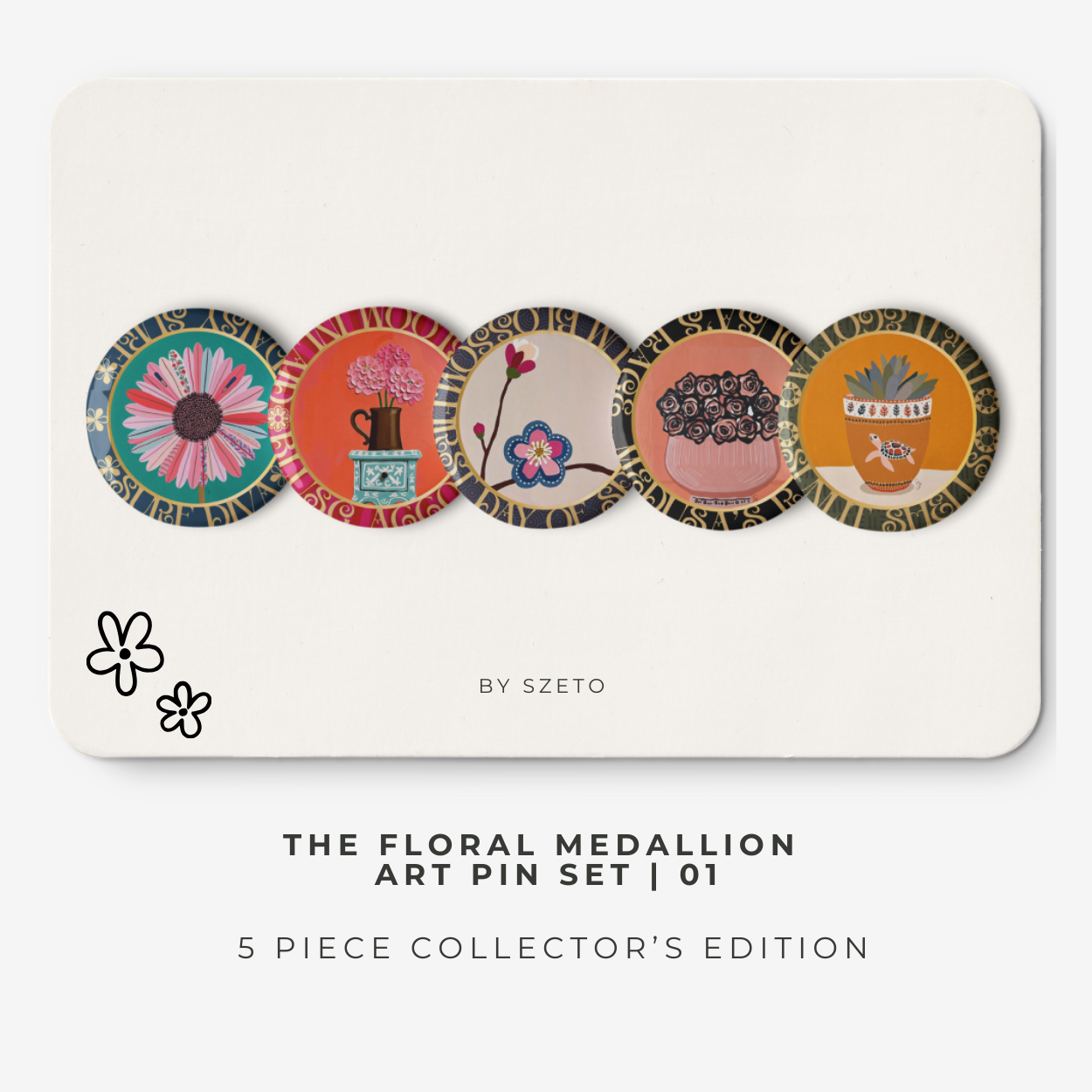 Five-piece floral medallion art pin set including daisy hydrangea plum blossom rose bouquet and potted succulent pinback buttons by Szeto on a white background