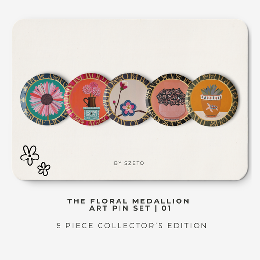 Five-piece floral medallion art pin set including daisy hydrangea plum blossom rose bouquet and potted succulent pinback buttons by Szeto on a white background